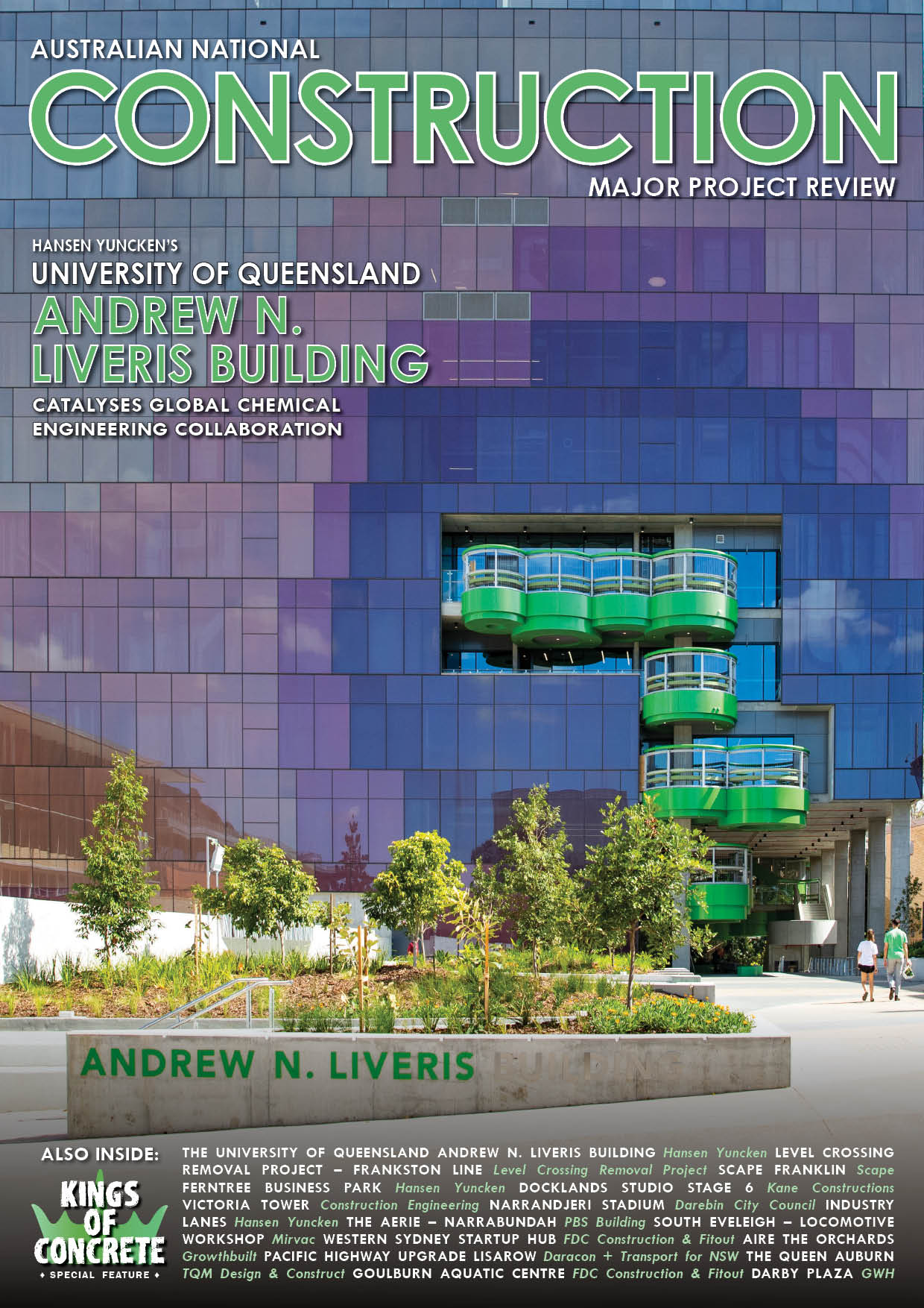 Australian National Construction Review July 2022 issue link, featuring the University of Queensland Andrew N. Liveris Building on the front cover.