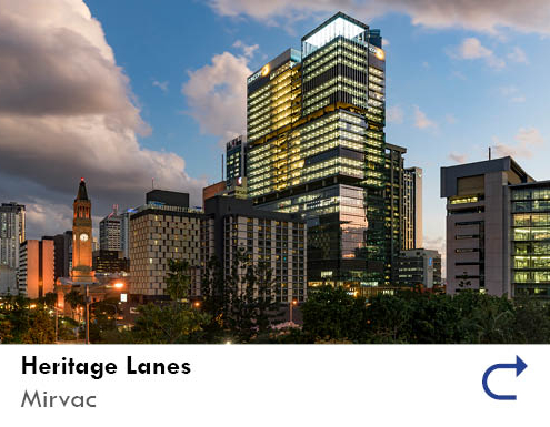 link the the Heritage Lanes project feature by the Australian National Construction Review. Shows a dusk skyline of Brisbane, including a highrise tower of the Heritage Lanes project built by Mirvac.