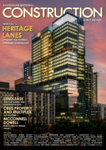 Front cover of the Australian national construction review magazine depicting the Heritage Lanes building at 80 Ann street Queensland, constructed by Mirvac. on a purple and orange sunset.