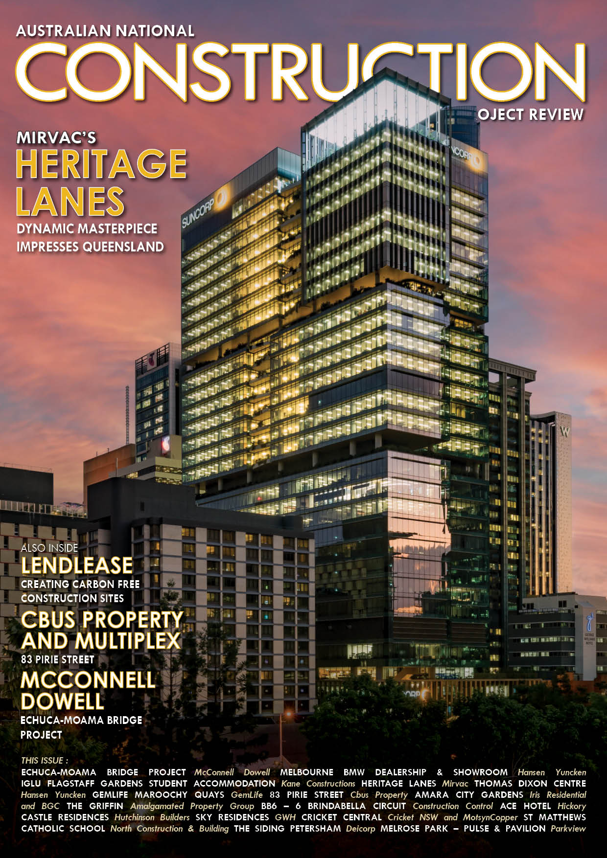 Front cover of the Australian national construction review magazine depicting the Heritage Lanes building at 80 Ann street Queensland, constructed by Mirvac. on a purple and orange sunset.